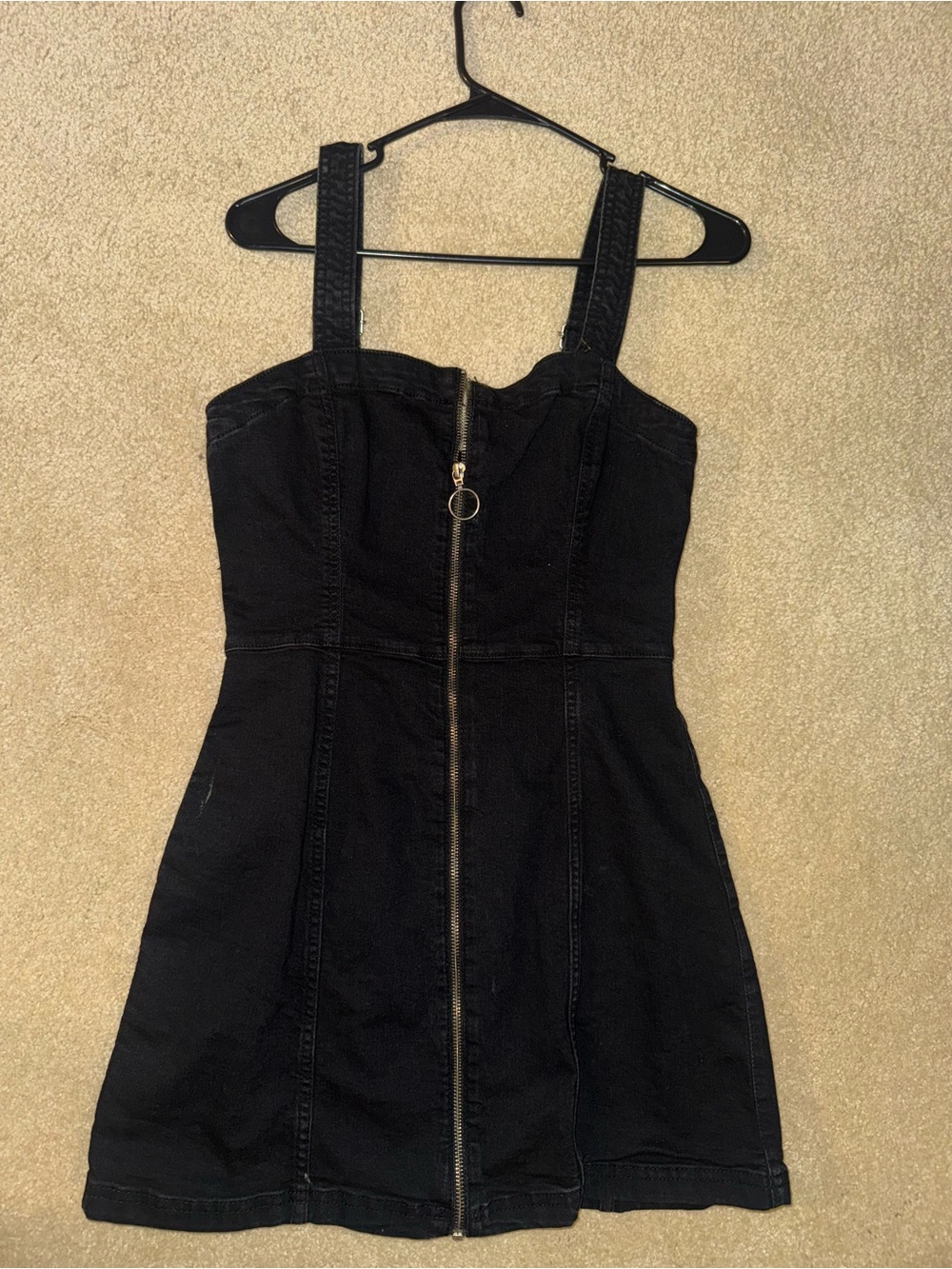 H&M Black Zip-Front Denim Mini Dress with Ring Pull